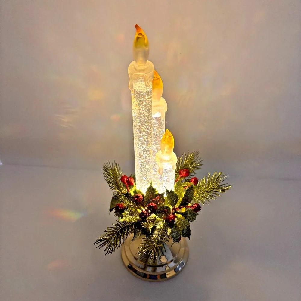 Vintage Lighted Christmas Taper Candle Holder Glitter Water Candlestick 14in